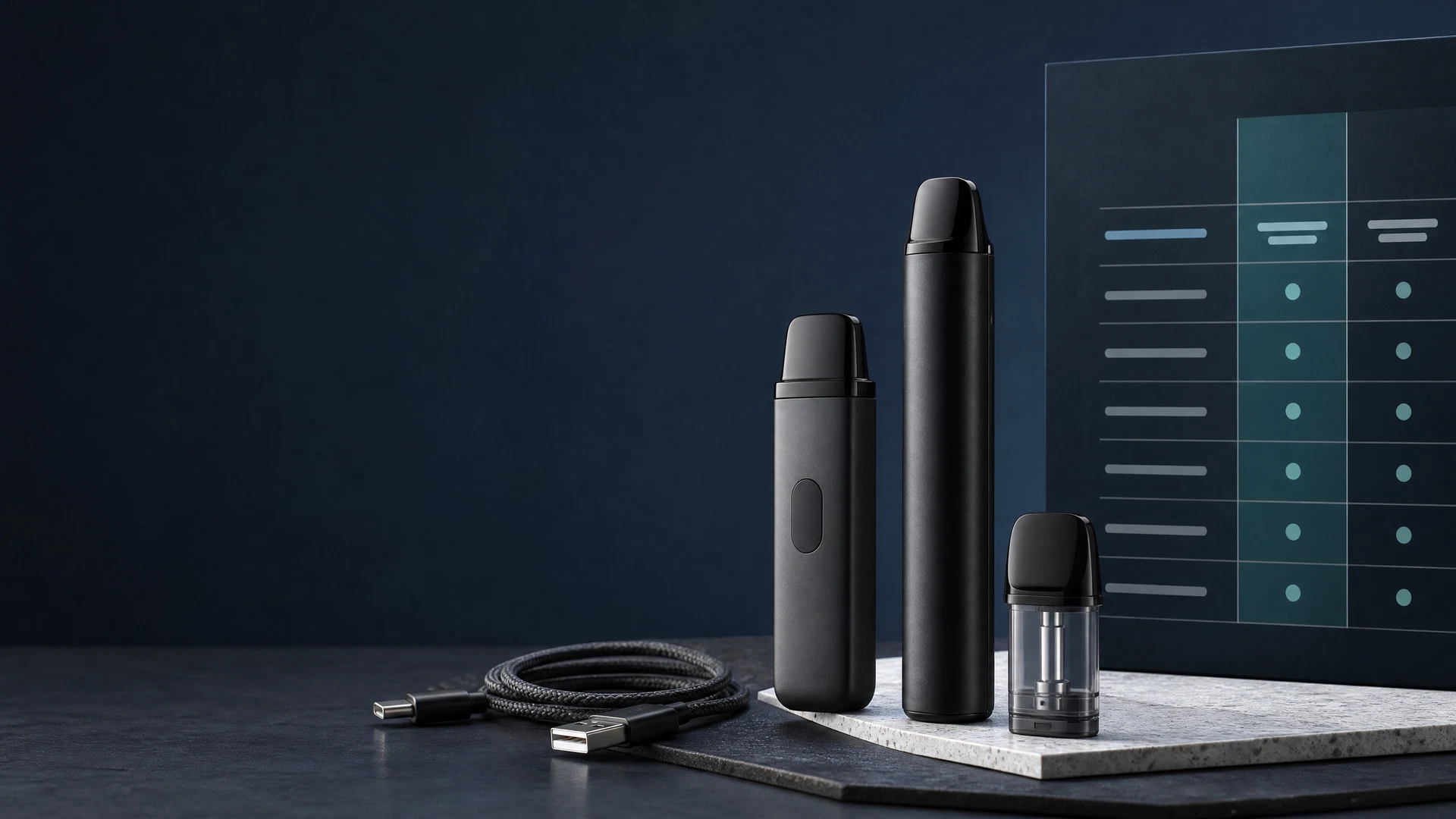 reusable vape feature matrix: Laden, Nachfüllen, Austauschen